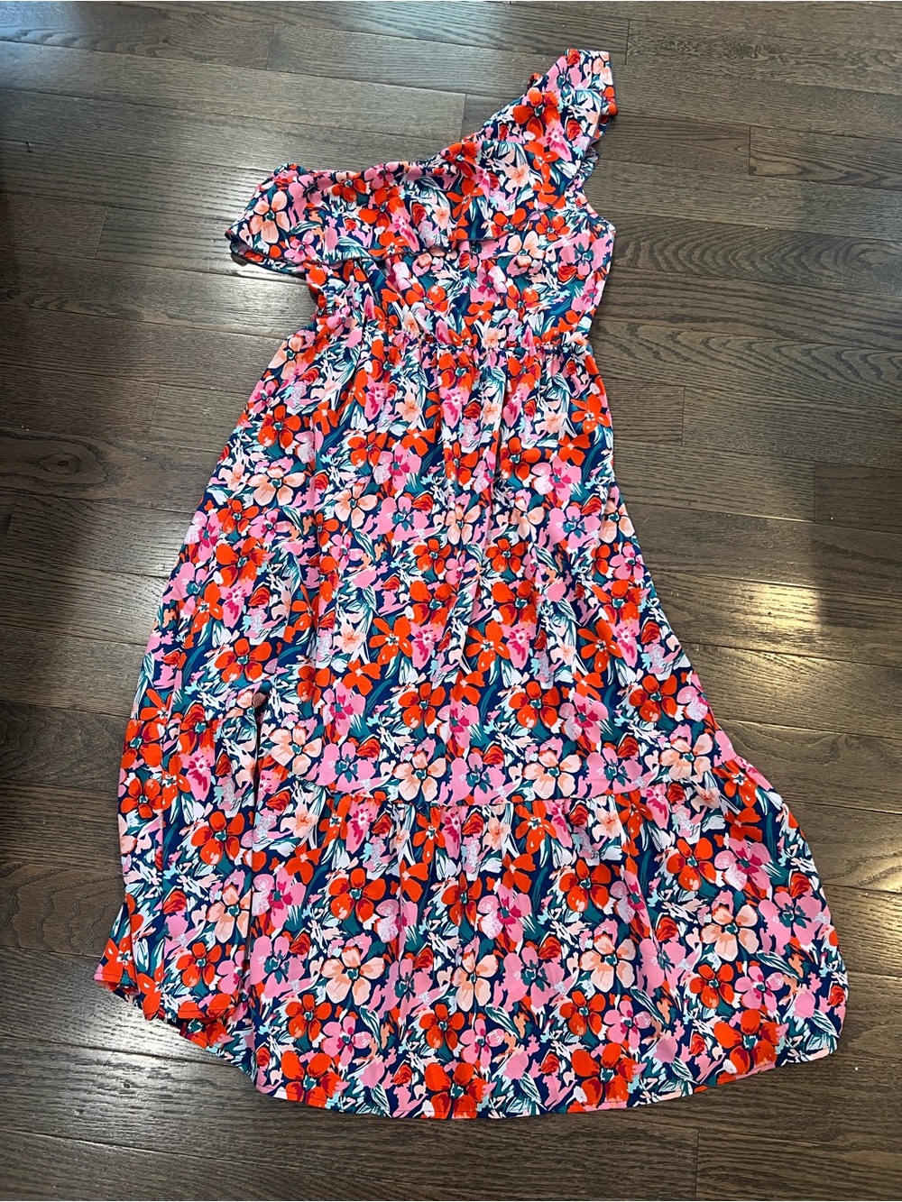 One-Shoulder Floral Maxi Dress in Pink and Orange